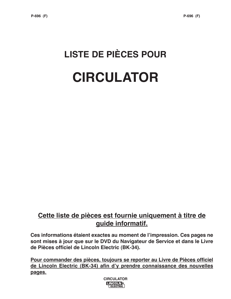 Circulator, Liste de pièces pour | Lincoln Electric IM10109 CIRCULATOR User Manual | Page 31 / 36