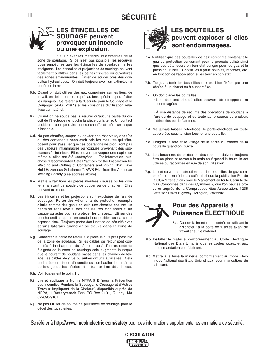 Sécurité, Pour des appareils à puissance électrique | Lincoln Electric IM10109 CIRCULATOR User Manual | Page 4 / 36