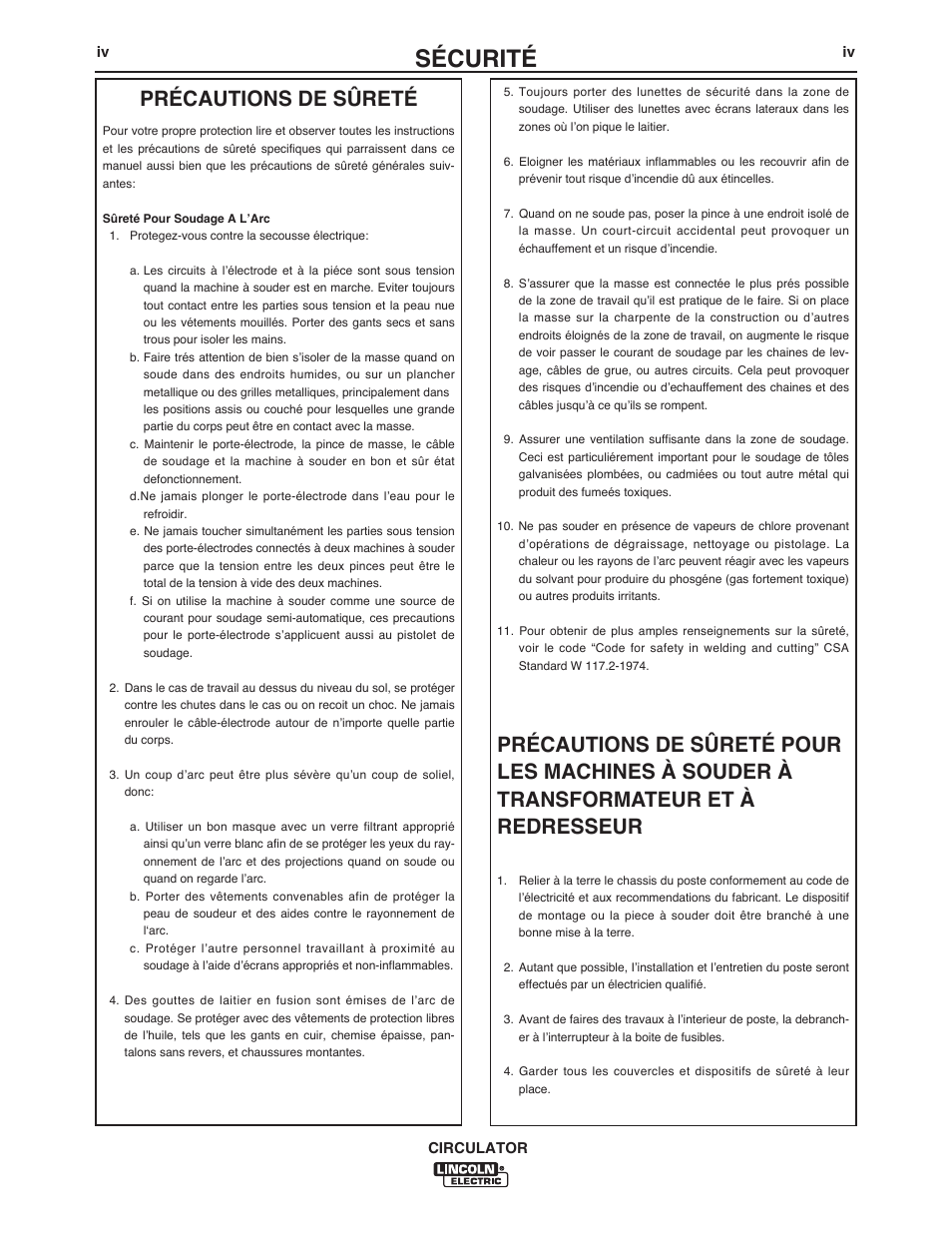 Sécurité, Précautions de sûreté | Lincoln Electric IM10109 CIRCULATOR User Manual | Page 5 / 36