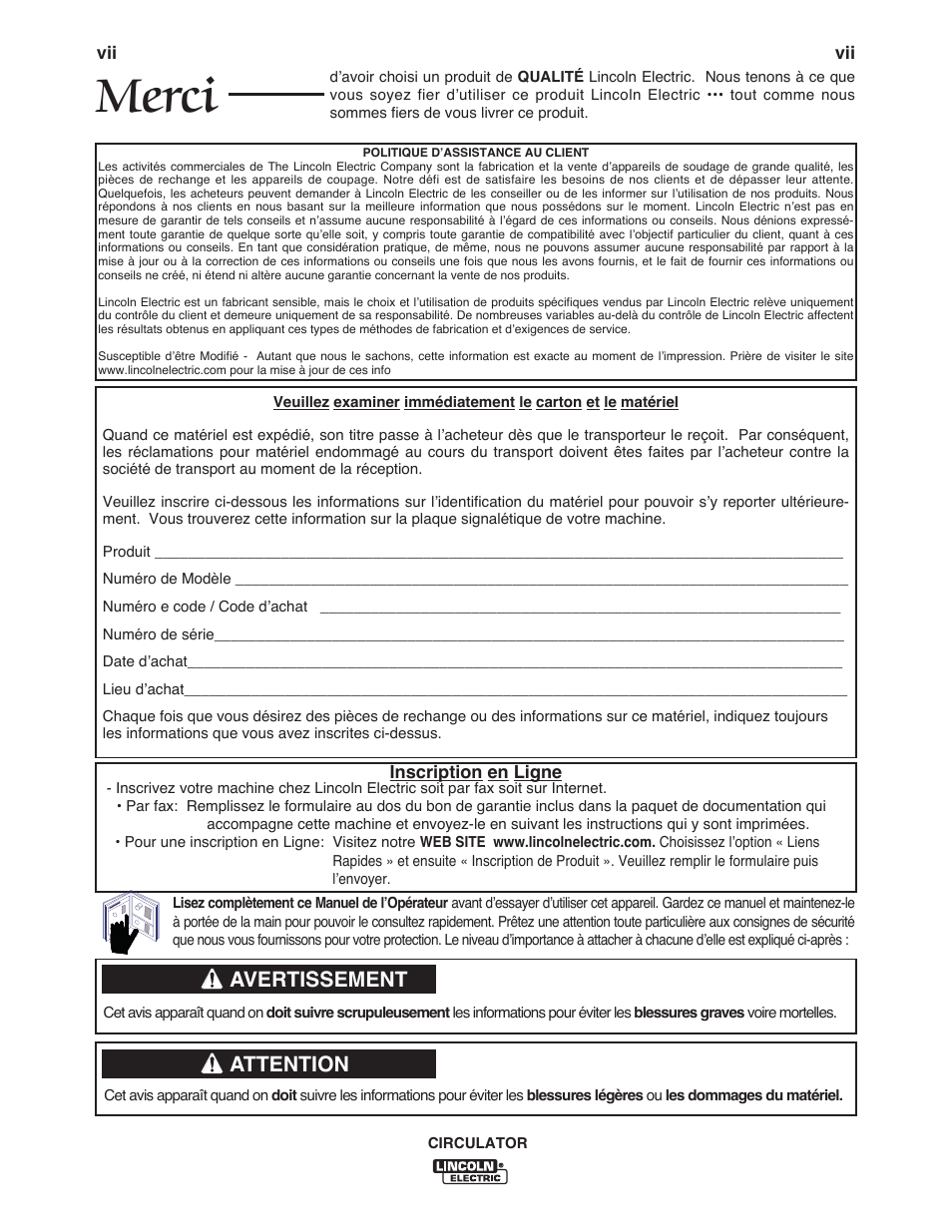 Merci, Avertissement, Attention | Lincoln Electric IM10109 CIRCULATOR User Manual | Page 7 / 36