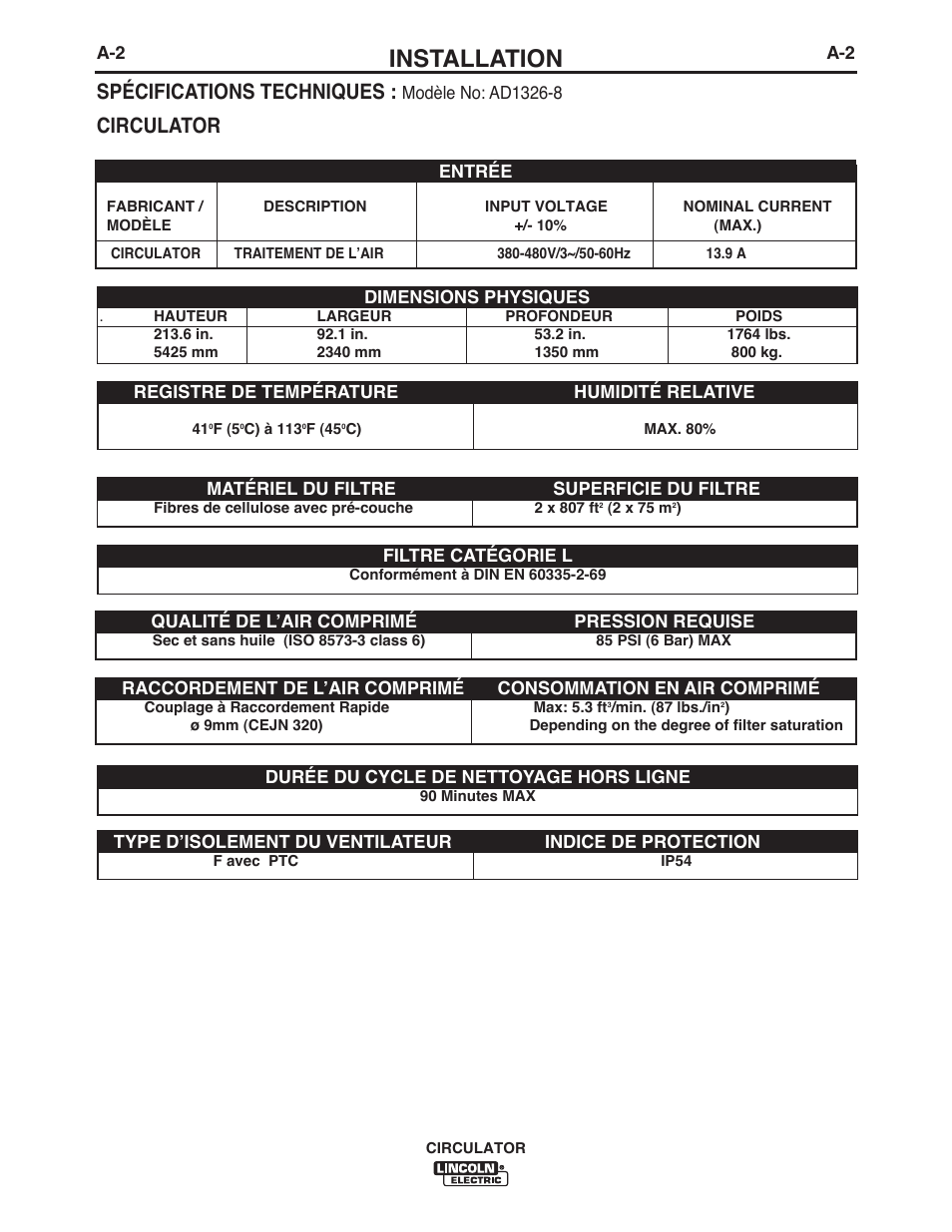 Installation, Spécifications techniques, Circulator | Lincoln Electric IM10109 CIRCULATOR User Manual | Page 9 / 36