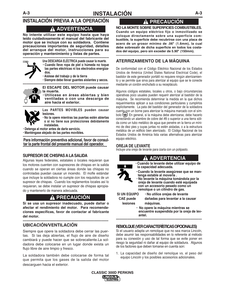 Instalación, Instalación previa a la operación, Advertencia precaución | Advertencia, Precaución | Lincoln Electric IM842 CLASSIC 300 D PERKINS User Manual | Page 10 / 37