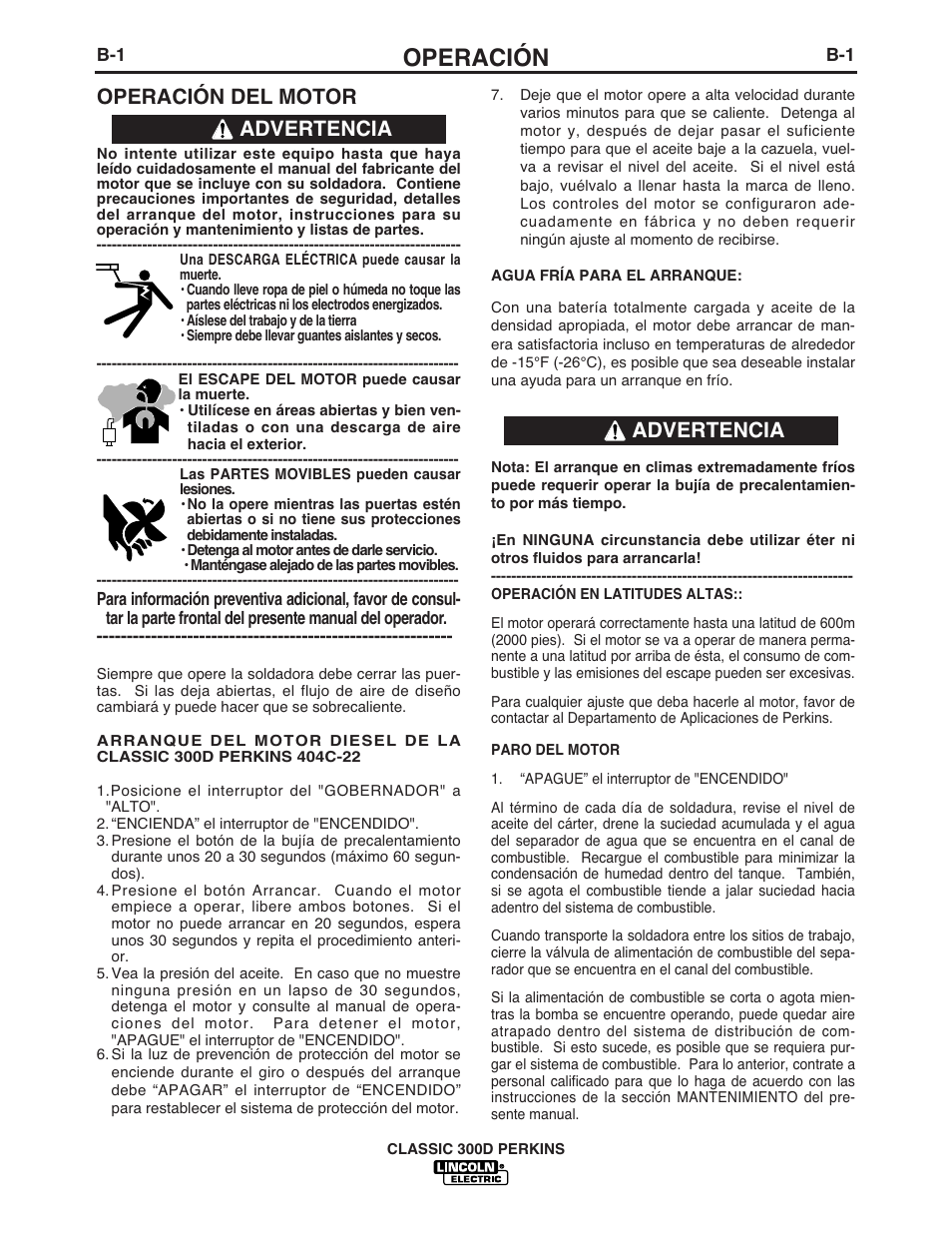 Operación, Operación del motor, Advertencia | Lincoln Electric IM842 CLASSIC 300 D PERKINS User Manual | Page 13 / 37