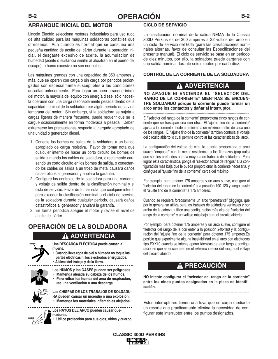 Operación, Operación de la soldadora, Advertencia | Advertencia precaución | Lincoln Electric IM842 CLASSIC 300 D PERKINS User Manual | Page 14 / 37