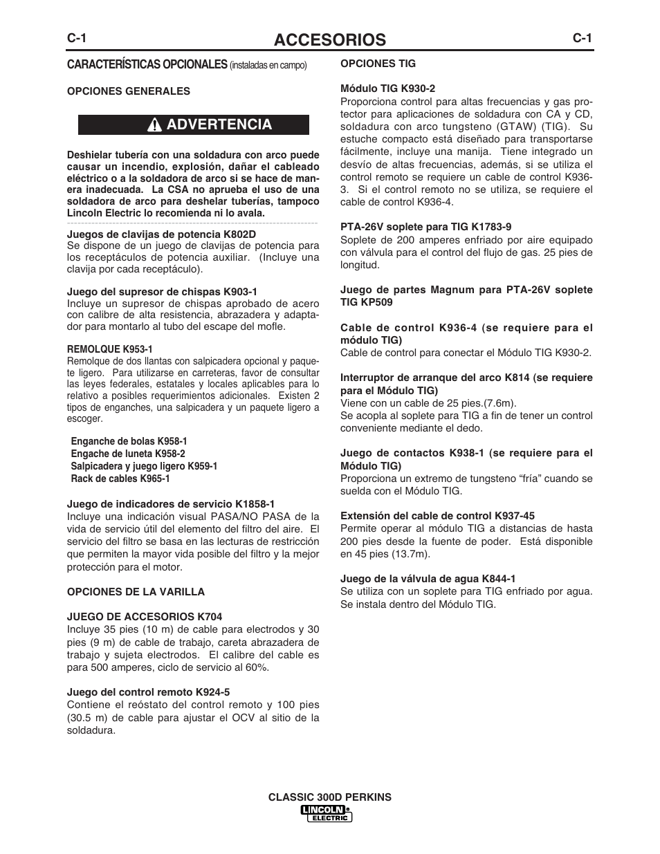 Accesorios, Advertencia | Lincoln Electric IM842 CLASSIC 300 D PERKINS User Manual | Page 16 / 37