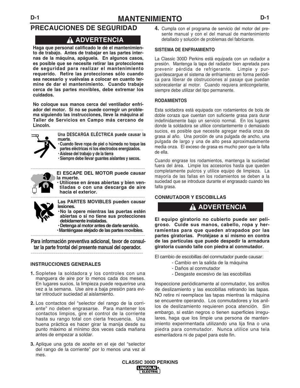 Mantenimiento, Precauciones de seguridad, Advertencia | Lincoln Electric IM842 CLASSIC 300 D PERKINS User Manual | Page 18 / 37