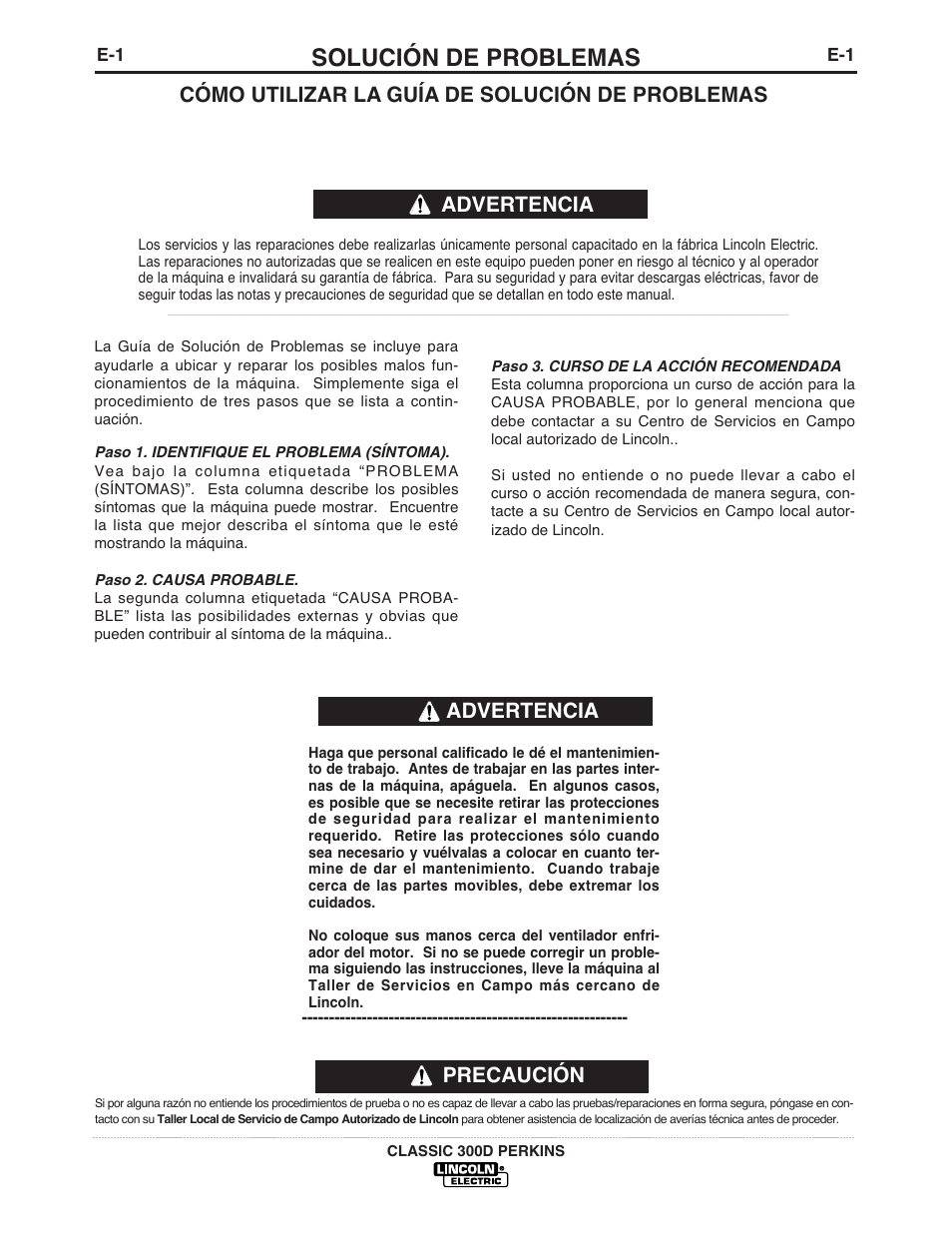 Solución de problemas, Advertencia, Cómo utilizar la guía de solución de problemas | Precaución | Lincoln Electric IM842 CLASSIC 300 D PERKINS User Manual | Page 23 / 37