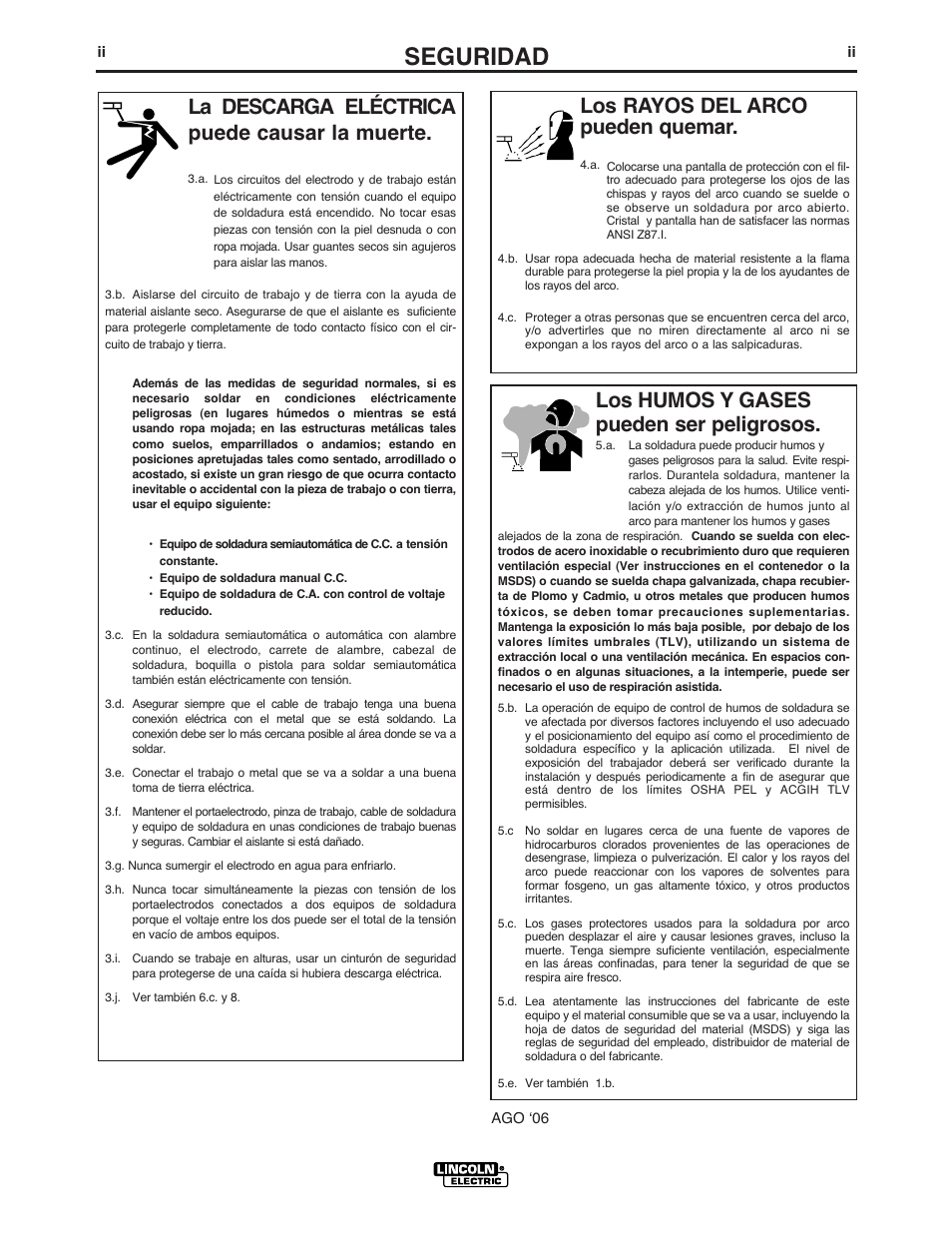 Seguridad, Los rayos del arco pueden quemar, La descarga eléctrica puede causar la muerte | Los humos y gases pueden ser peligrosos | Lincoln Electric IM842 CLASSIC 300 D PERKINS User Manual | Page 3 / 37