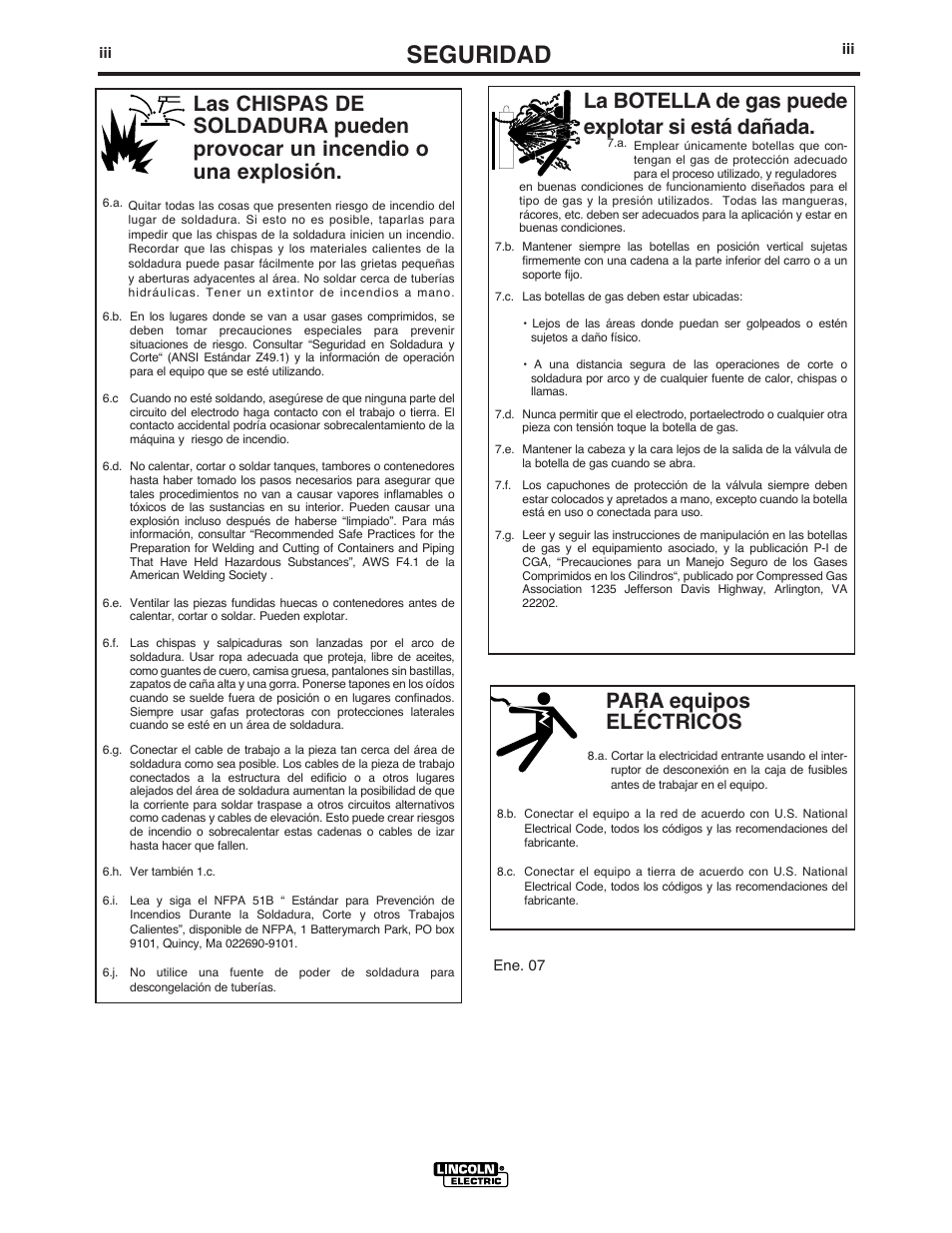 Seguridad, Para equipos eléctricos, La botella de gas puede explotar si está dañada | Lincoln Electric IM842 CLASSIC 300 D PERKINS User Manual | Page 4 / 37