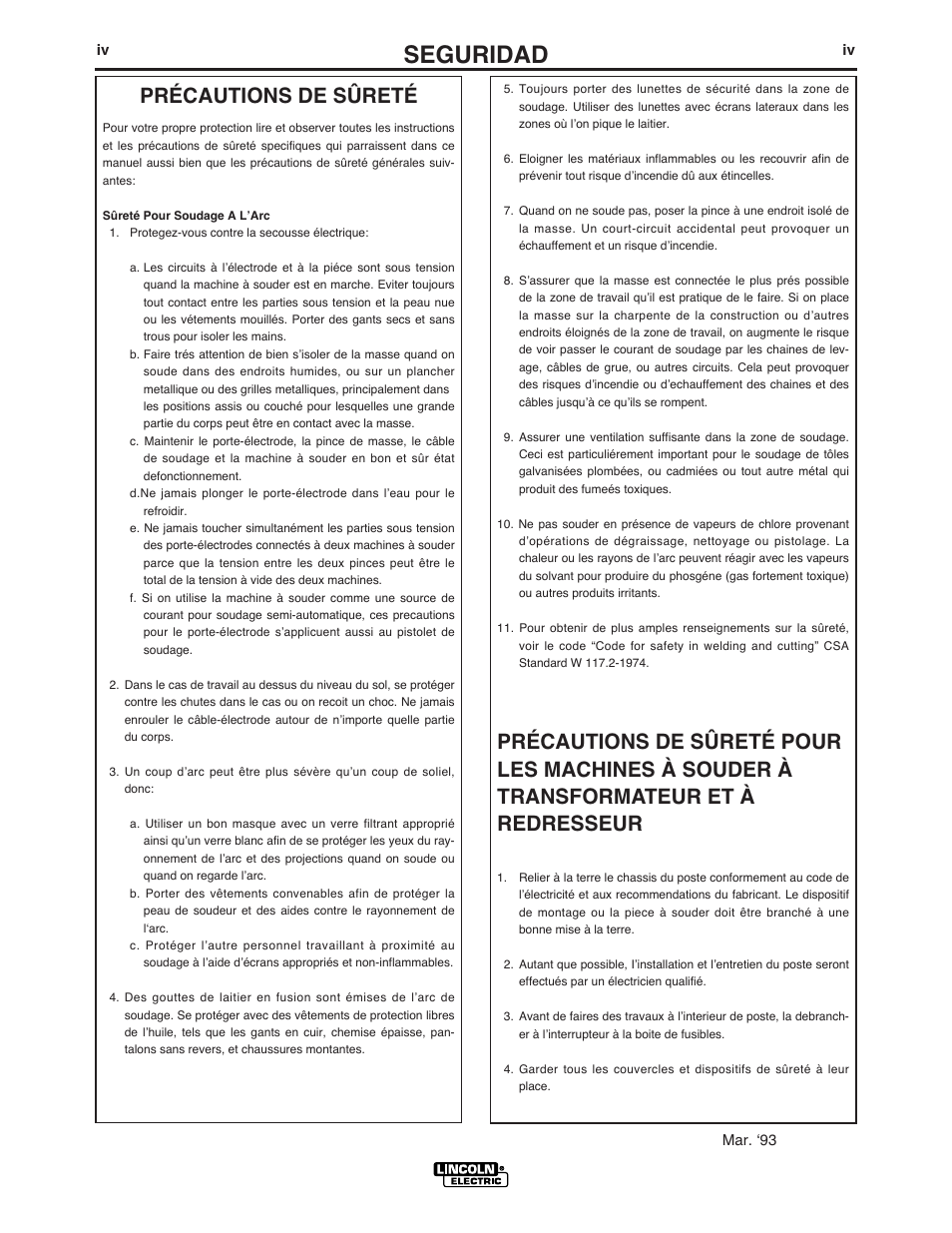 Seguridad, Précautions de sûreté | Lincoln Electric IM842 CLASSIC 300 D PERKINS User Manual | Page 5 / 37