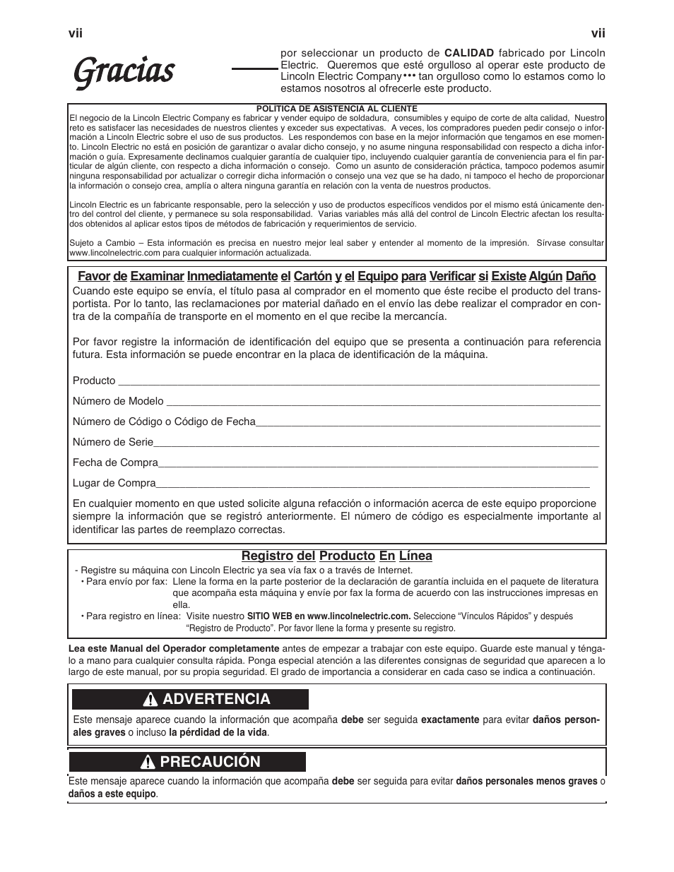 Gracias, Advertencia, Precaución | Lincoln Electric IM842 CLASSIC 300 D PERKINS User Manual | Page 6 / 37