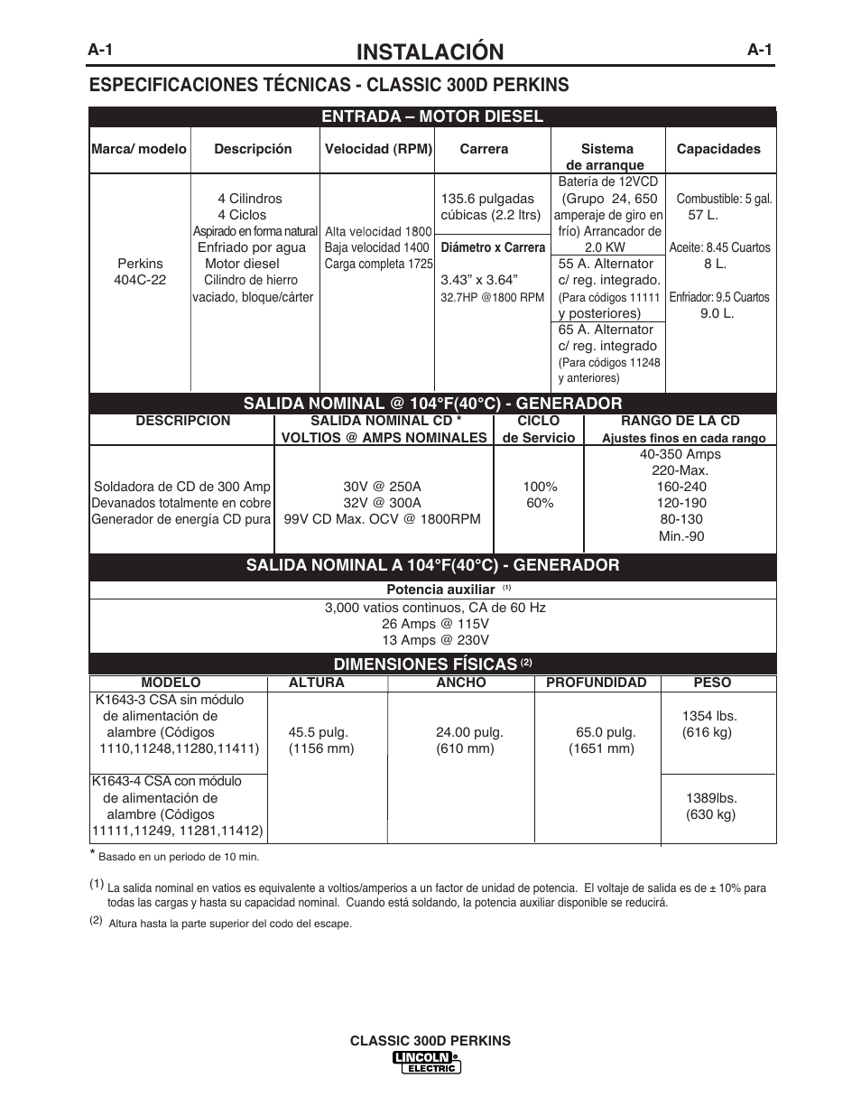 Instalación, Especificaciones técnicas - classic 300d perkins | Lincoln Electric IM842 CLASSIC 300 D PERKINS User Manual | Page 8 / 37