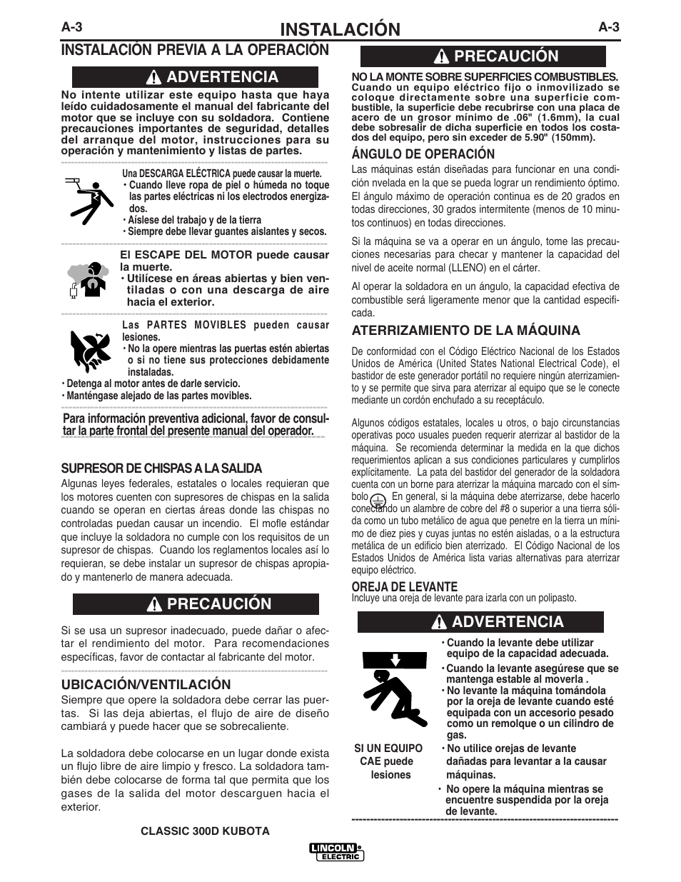 Instalación, Instalación previa a la operación, Advertencia precaución | Precaución, Advertencia | Lincoln Electric IM843 CLASSIC 300 D KUBOTA User Manual | Page 10 / 37