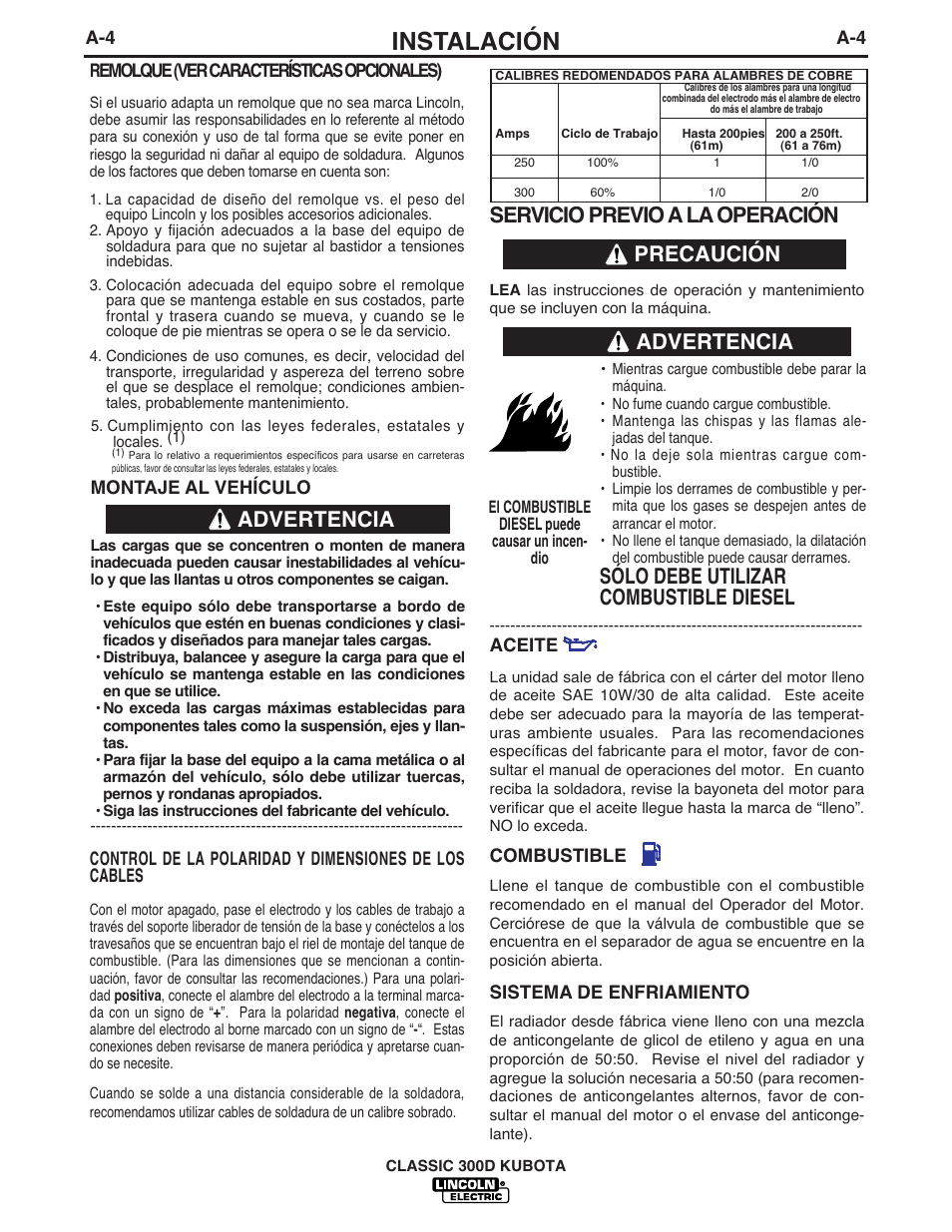 Instalación, Servicio previo a la operación, Precaución | Advertencia, Sólo debe utilizar combustible diesel advertencia | Lincoln Electric IM843 CLASSIC 300 D KUBOTA User Manual | Page 11 / 37