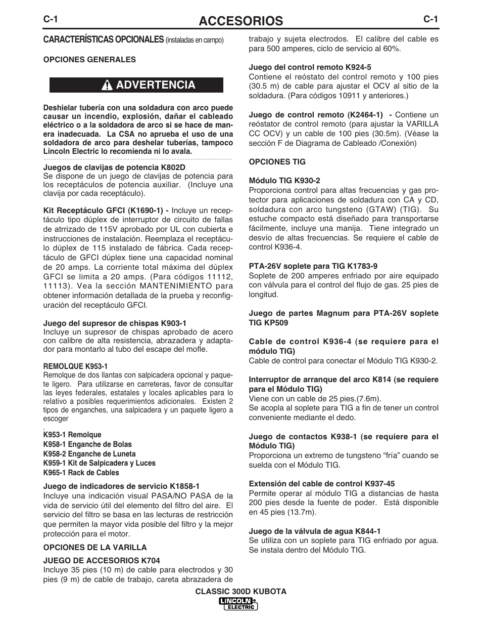 Accesorios, Advertencia | Lincoln Electric IM843 CLASSIC 300 D KUBOTA User Manual | Page 16 / 37