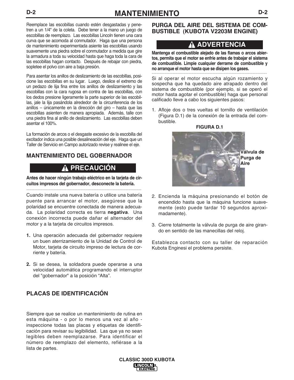 Mantenimiento, Precaución advertencia | Lincoln Electric IM843 CLASSIC 300 D KUBOTA User Manual | Page 19 / 37