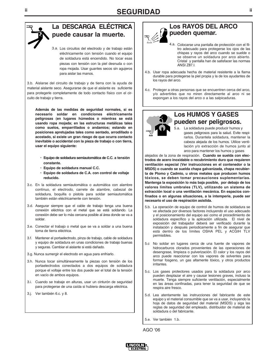 Seguridad, Los rayos del arco pueden quemar, La descarga eléctrica puede causar la muerte | Los humos y gases pueden ser peligrosos | Lincoln Electric IM843 CLASSIC 300 D KUBOTA User Manual | Page 3 / 37