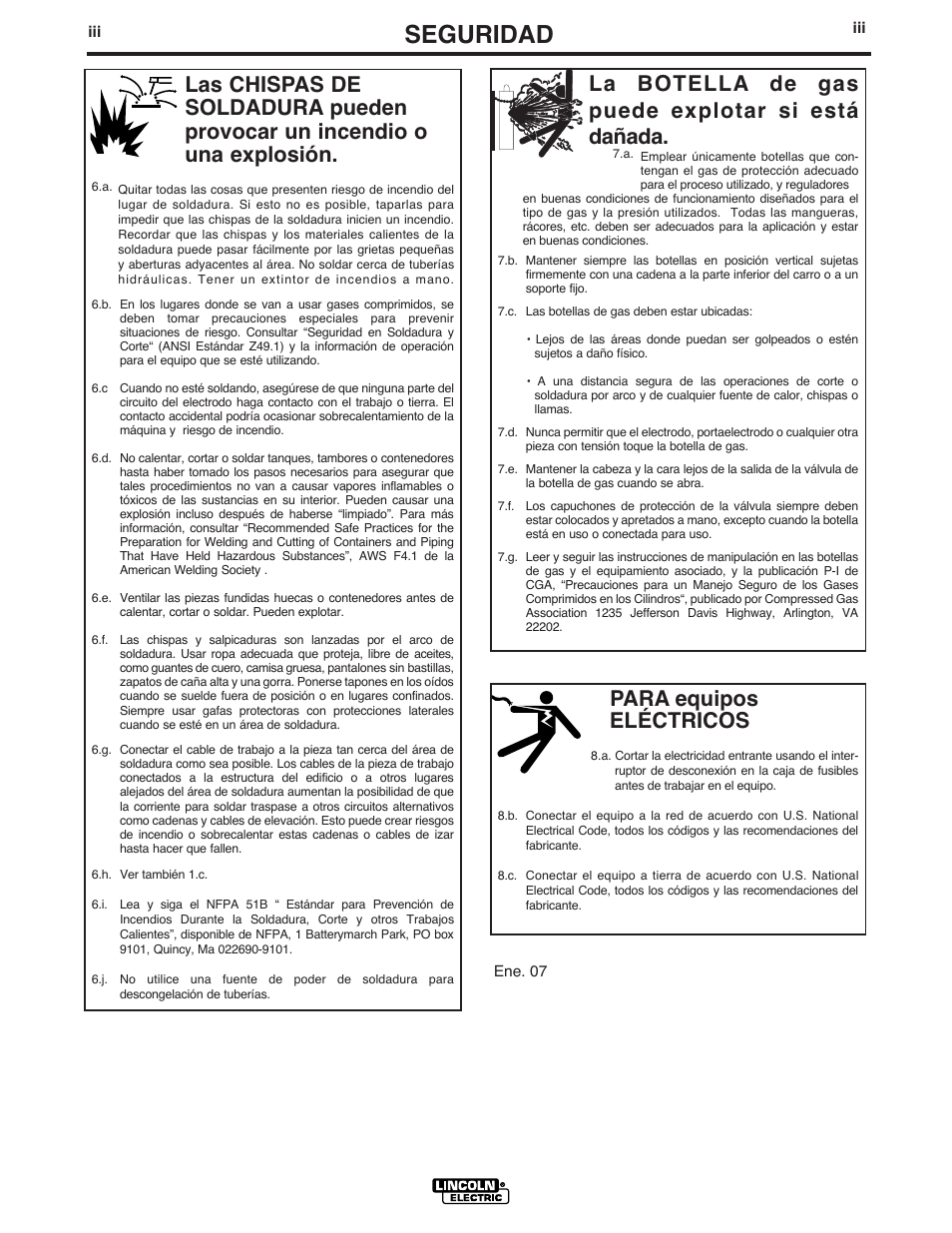 Seguridad, Para equipos eléctricos, La botella de gas puede explotar si está dañada | Lincoln Electric IM843 CLASSIC 300 D KUBOTA User Manual | Page 4 / 37