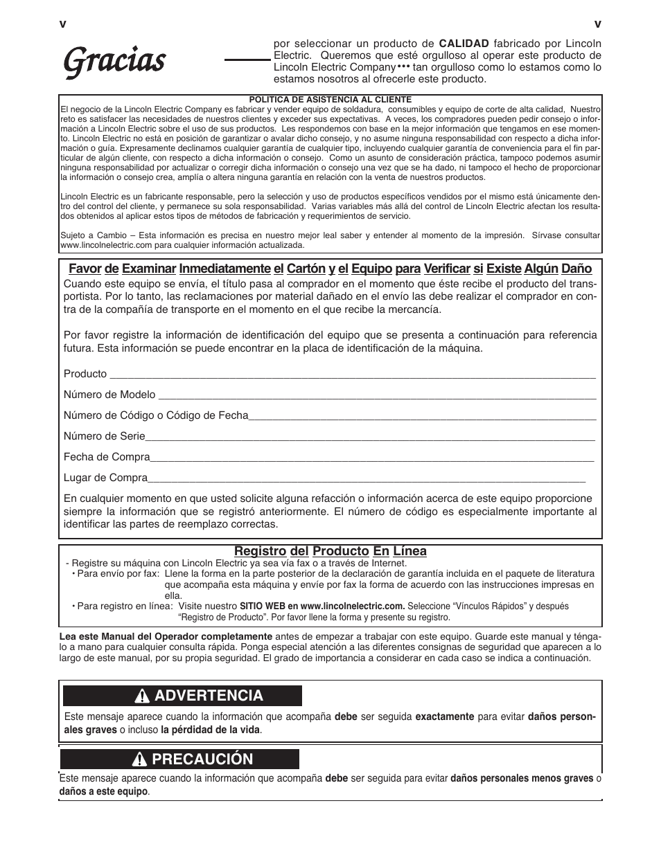 Gracias, Advertencia, Precaución | Lincoln Electric IM843 CLASSIC 300 D KUBOTA User Manual | Page 6 / 37