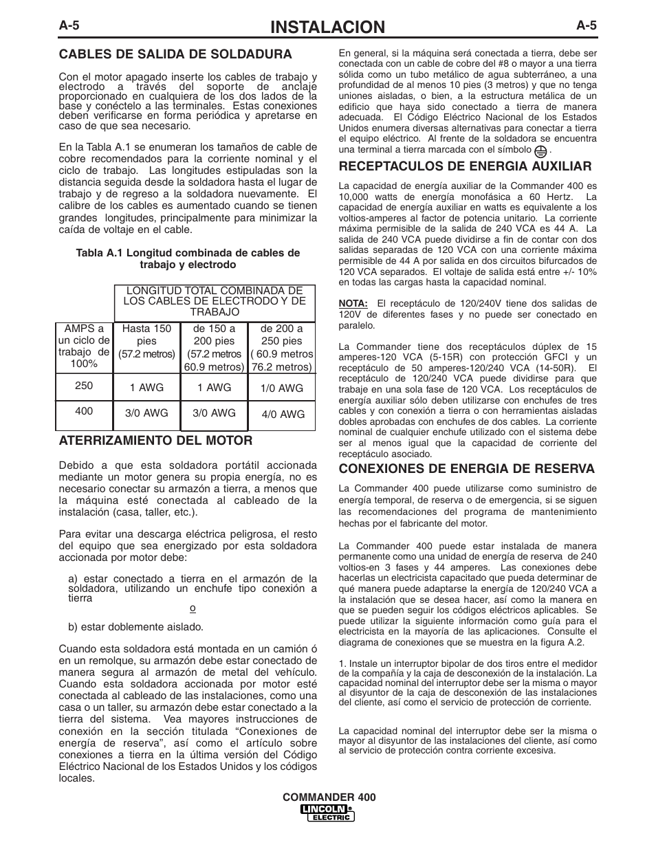 Instalacion | Lincoln Electric IM544 Commander 400 User Manual | Page 11 / 47