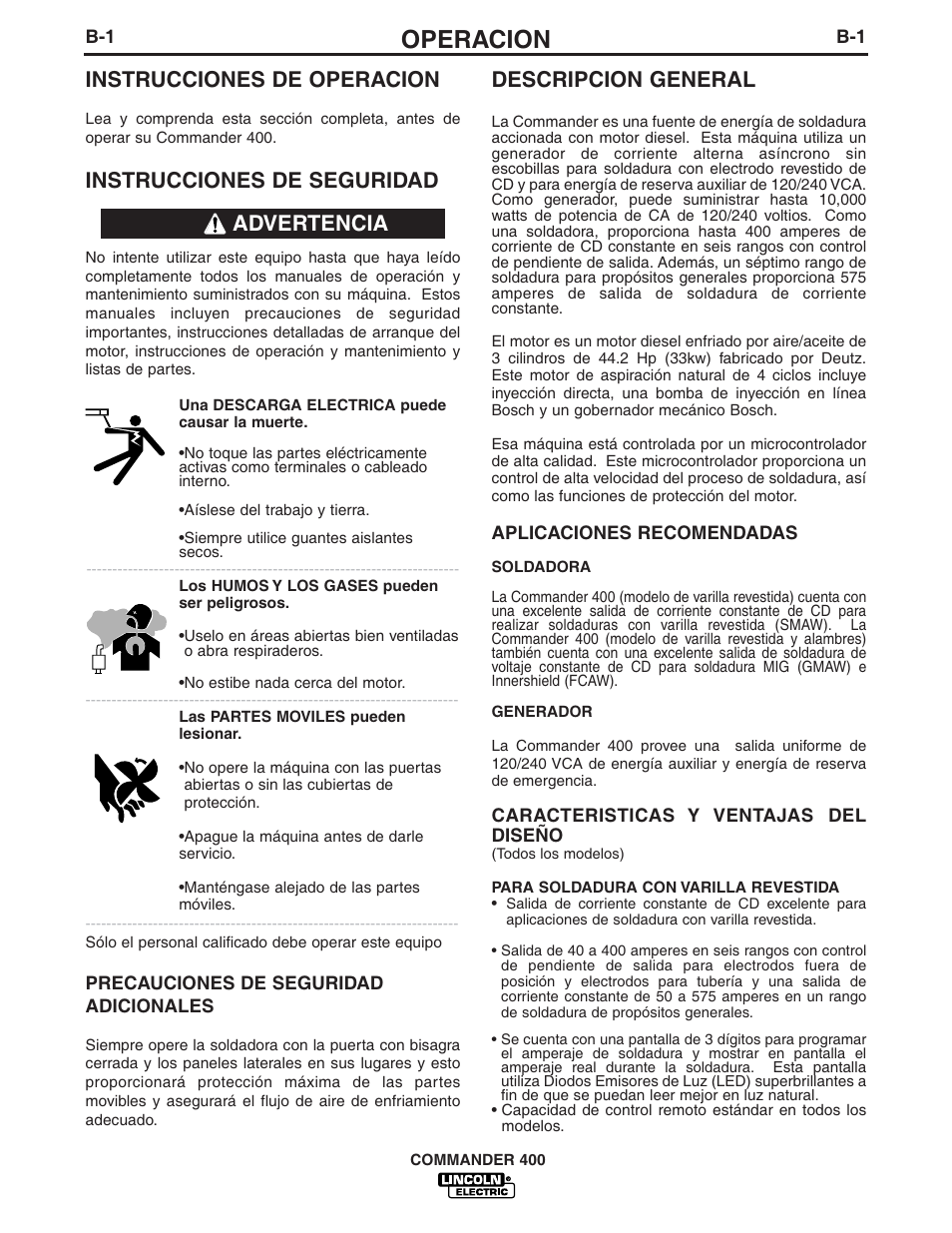 Operacion, Instrucciones de operacion, Instrucciones de seguridad | Descripcion general, Advertencia | Lincoln Electric IM544 Commander 400 User Manual | Page 13 / 47