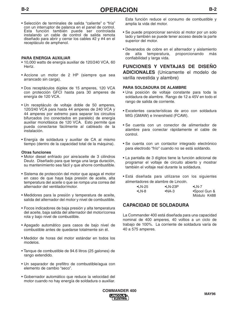 Operacion | Lincoln Electric IM544 Commander 400 User Manual | Page 14 / 47