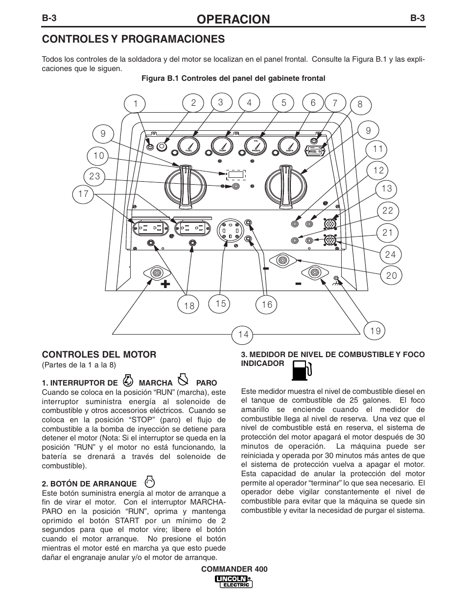 Operacion, Controles y programaciones, B-3 controles del motor | Lincoln Electric IM544 Commander 400 User Manual | Page 15 / 47