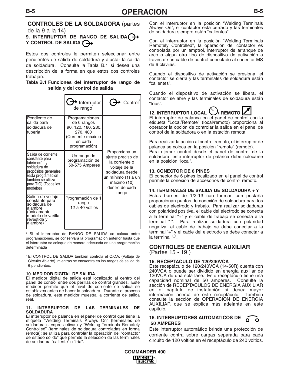 Operacion, Controles de energia auxiliar (partes 15 - 19 ) | Lincoln Electric IM544 Commander 400 User Manual | Page 17 / 47