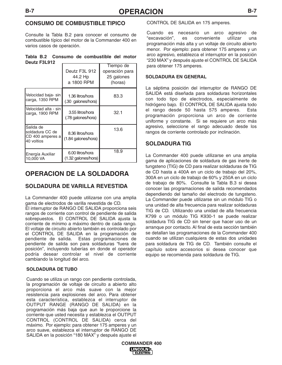 Operacion, Operacion de la soldadora | Lincoln Electric IM544 Commander 400 User Manual | Page 19 / 47