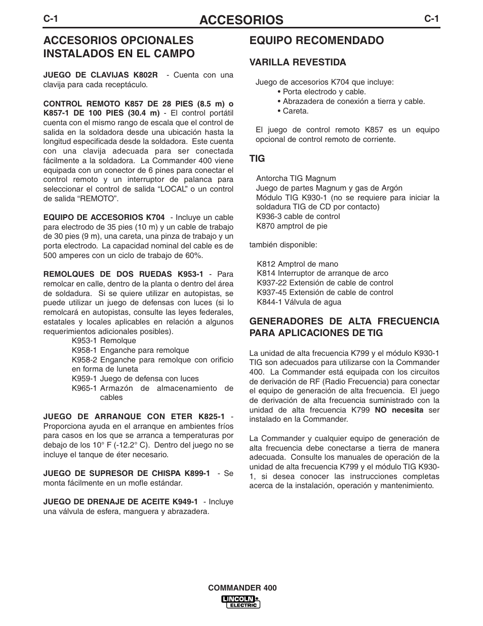 Accesorios, Accesorios opcionales instalados en el campo, Equipo recomendado | Lincoln Electric IM544 Commander 400 User Manual | Page 23 / 47