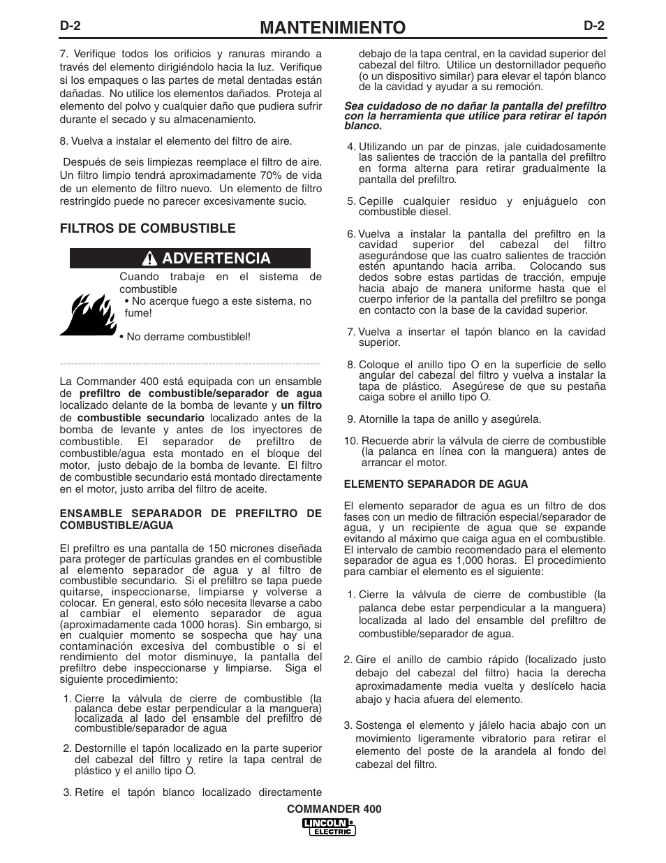 Mantenimiento, Advertencia | Lincoln Electric IM544 Commander 400 User Manual | Page 25 / 47