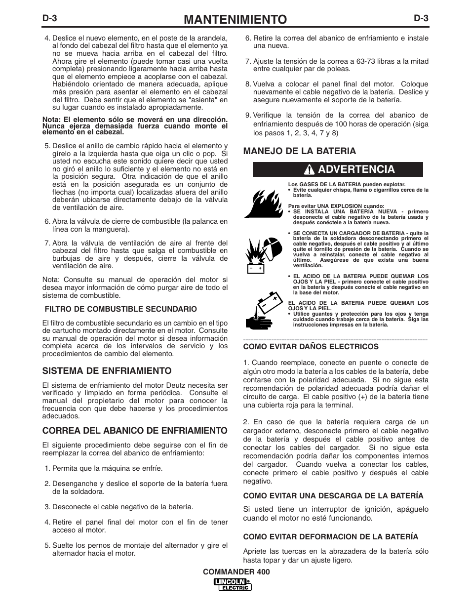 Mantenimiento, Advertencia, Sistema de enfriamiento | Correa del abanico de enfriamiento, Manejo de la bateria | Lincoln Electric IM544 Commander 400 User Manual | Page 26 / 47