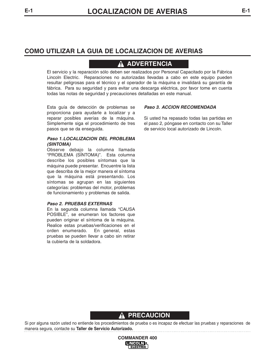 Localizacion de averias, Precaucion, Como utilizar la guia de localizacion de averias | Advertencia | Lincoln Electric IM544 Commander 400 User Manual | Page 28 / 47