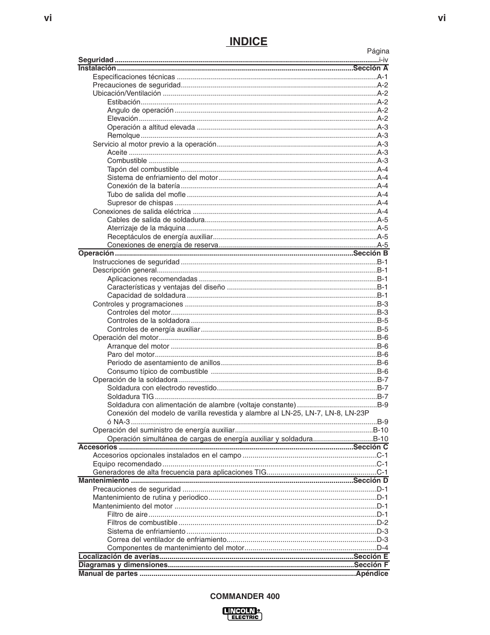 Indice | Lincoln Electric IM544 Commander 400 User Manual | Page 6 / 47