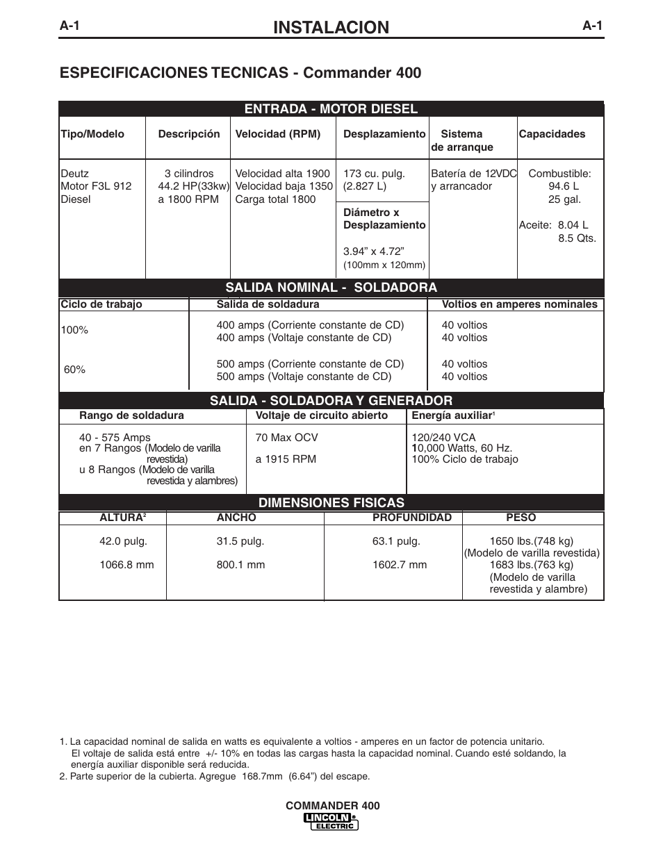 Instalacion, Especificaciones tecnicas - commander 400 | Lincoln Electric IM544 Commander 400 User Manual | Page 7 / 47