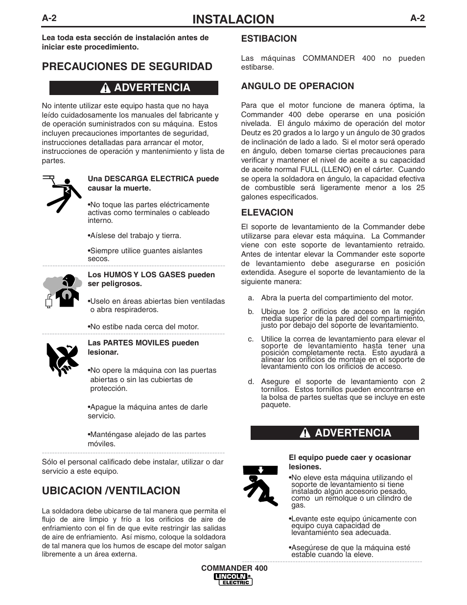 Instalacion, Precauciones de seguridad, Ubicacion /ventilacion | Advertencia | Lincoln Electric IM544 Commander 400 User Manual | Page 8 / 47