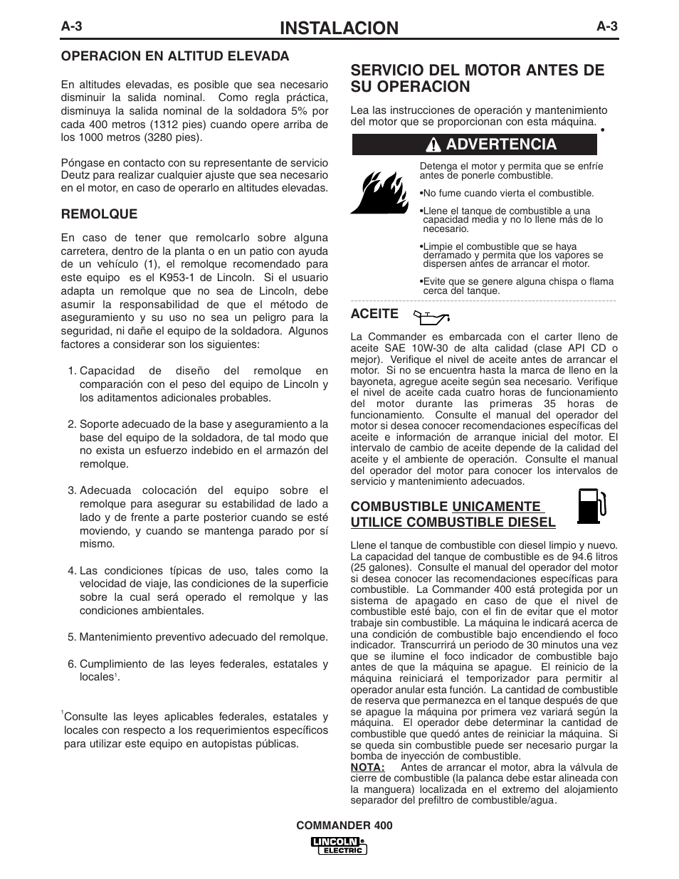 Instalacion, Servicio del motor antes de su operacion, Advertencia | Lincoln Electric IM544 Commander 400 User Manual | Page 9 / 47