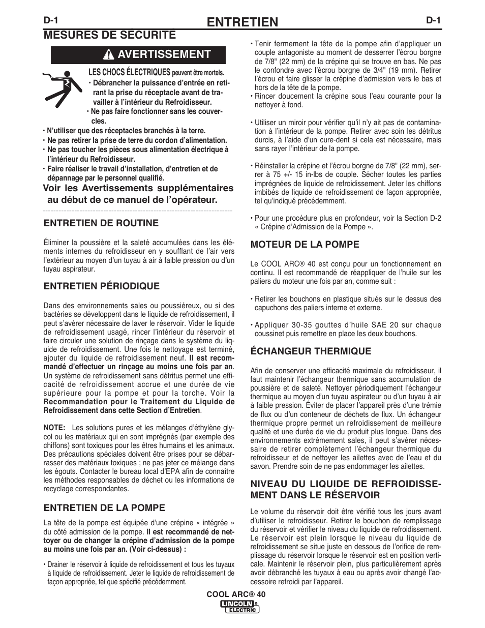 Entretien, Avertissement mesures de sécurité | Lincoln Electric IM911 COOL ARC 40 STAND ALONE User Manual | Page 16 / 28