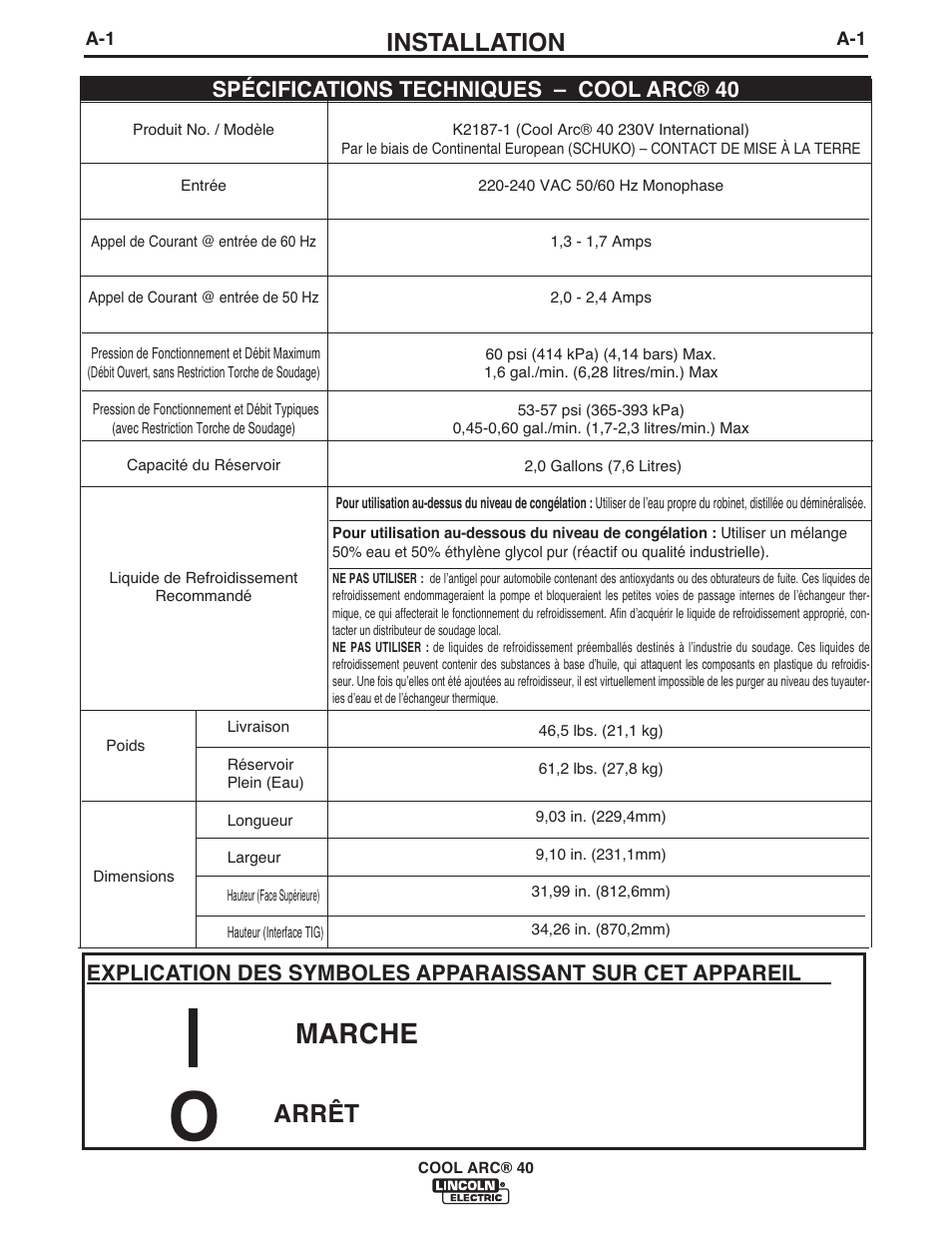 Marche, Installation, Arrêt | Lincoln Electric IM911 COOL ARC 40 STAND ALONE User Manual | Page 8 / 28