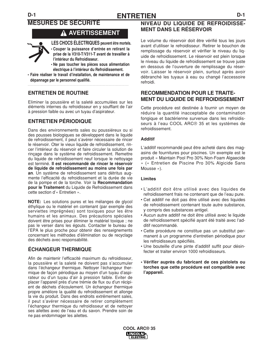 Entretien, Avertissement mesures de sécurité | Lincoln Electric IM959 COOL ARC 35 User Manual | Page 13 / 22