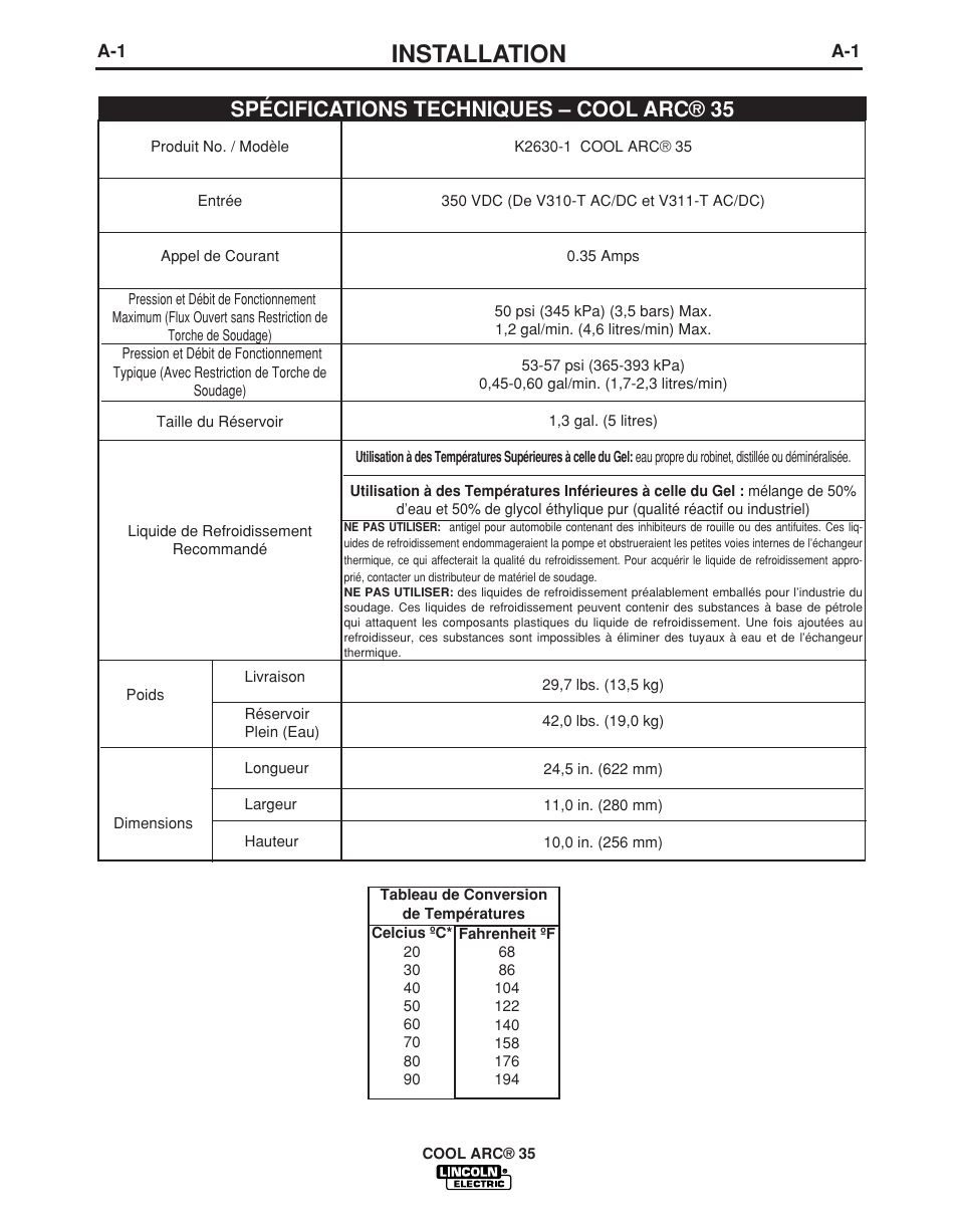 Installation, Spécifications techniques – cool arc® 35 | Lincoln Electric IM959 COOL ARC 35 User Manual | Page 8 / 22