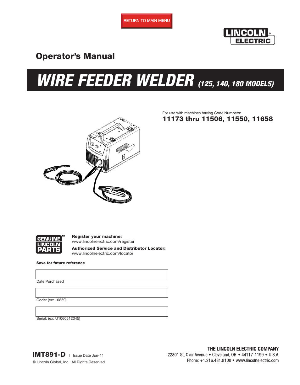 Lincoln Electric IMT891 WIRE FEEDER WELDER 125, 140, 180 User Manual | 96 pages