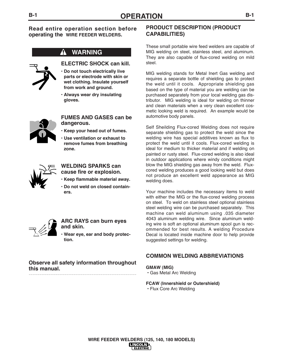 Operation, Warning | Lincoln Electric IMT891 WIRE FEEDER WELDER 125, 140, 180 User Manual | Page 10 / 96