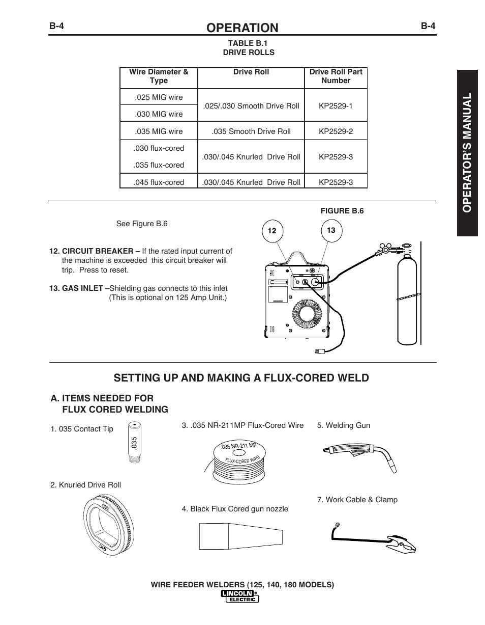 Operation, Setting up and making a flux-cored weld, Opera t or’s manual | Lincoln Electric IMT891 WIRE FEEDER WELDER 125, 140, 180 User Manual | Page 13 / 96