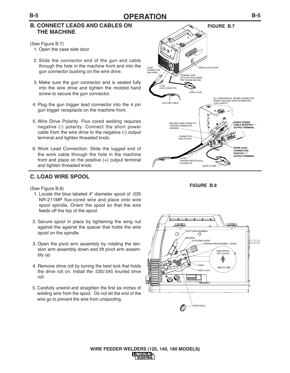 Operation, B. connect leads and cables on the machine, C. load wire spool | Lincoln Electric IMT891 WIRE FEEDER WELDER 125, 140, 180 User Manual | Page 14 / 96