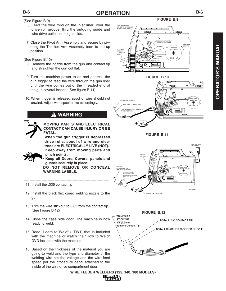 Operation, Warning, Opera t or’s manual | Lincoln Electric IMT891 WIRE FEEDER WELDER 125, 140, 180 User Manual | Page 15 / 96