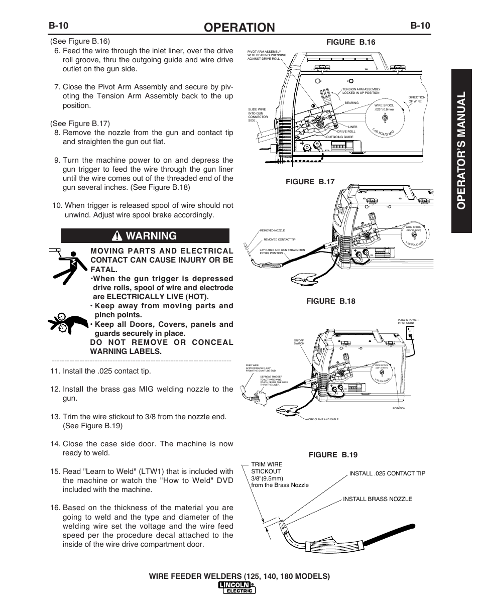 Operation, Warning opera t or’s manual, B-10 | Lincoln Electric IMT891 WIRE FEEDER WELDER 125, 140, 180 User Manual | Page 19 / 96