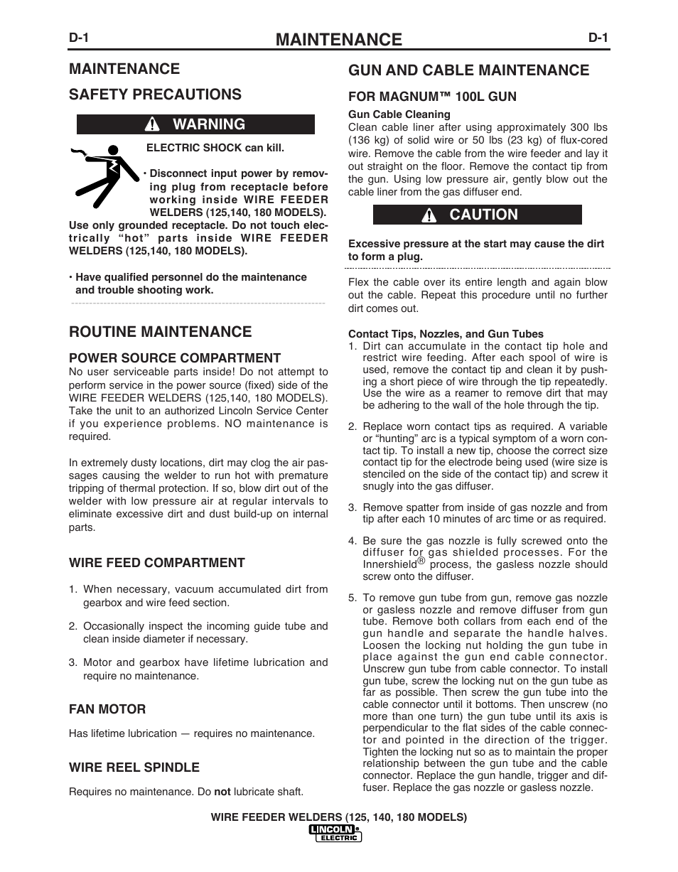 Maintenance, Maintenance safety precautions, Routine maintenance | Warning gun and cable maintenance, Caution | Lincoln Electric IMT891 WIRE FEEDER WELDER 125, 140, 180 User Manual | Page 24 / 96