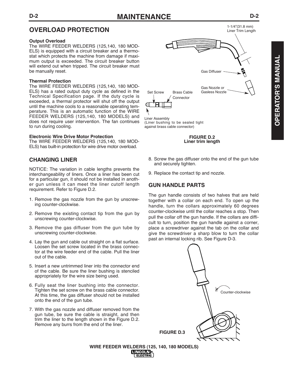 Maintenance, Overload protection, Opera t or’s manual | Lincoln Electric IMT891 WIRE FEEDER WELDER 125, 140, 180 User Manual | Page 25 / 96