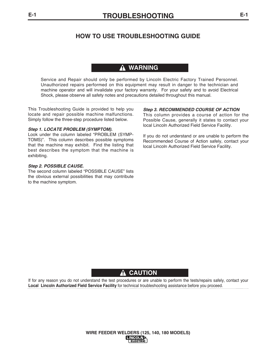 Troubleshooting, Caution, How to use troubleshooting guide | Warning | Lincoln Electric IMT891 WIRE FEEDER WELDER 125, 140, 180 User Manual | Page 26 / 96